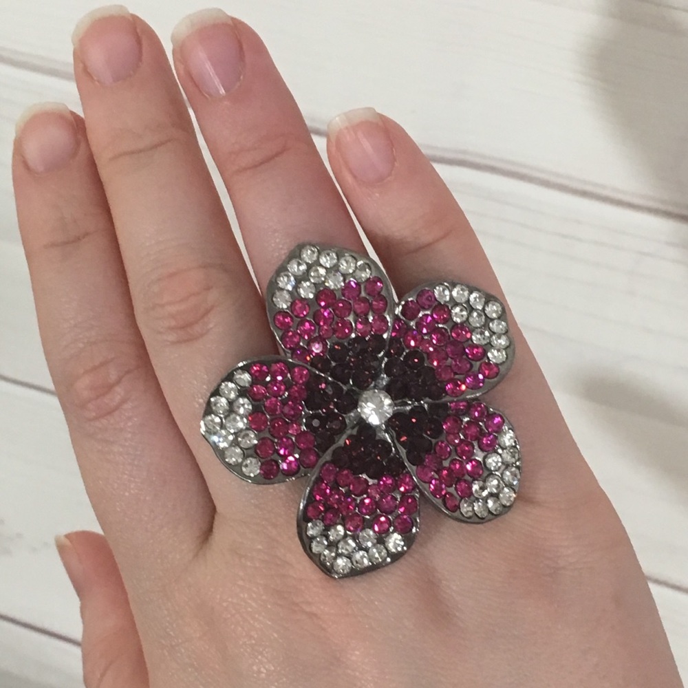 Giant Elastic Gem Bling Ombre Crystal Flower Ring